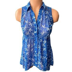 Candie's Blue Button Up Bird Blouse Size XS  Sleeveless Empire Waist
